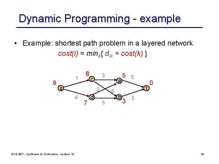 Dynamic Programming - example • Example: shortest path problem in a layered network cost(i)