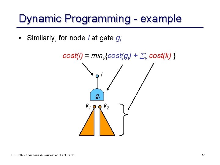 Dynamic Programming - example • Similarly, for node i at gate gi: cost(i) =