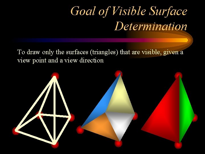 Goal of Visible Surface Determination To draw only the surfaces (triangles) that are visible,