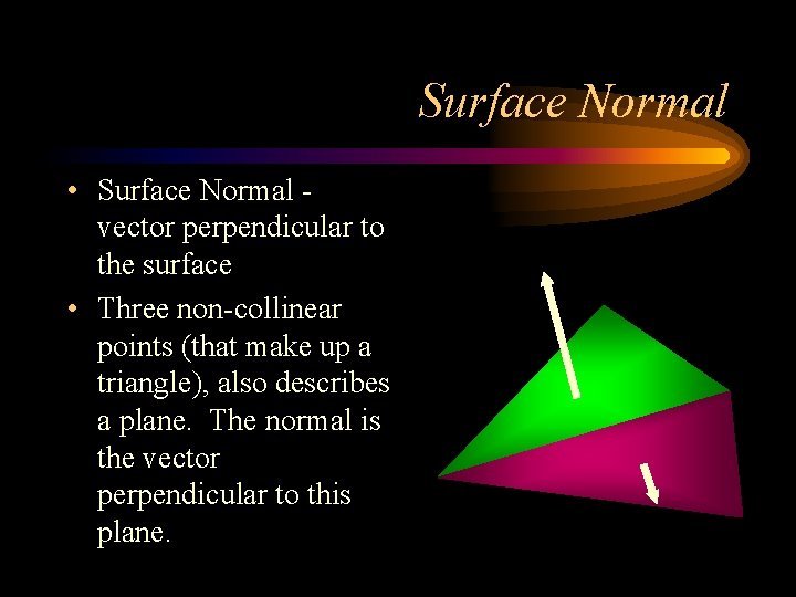 Surface Normal • Surface Normal vector perpendicular to the surface • Three non-collinear points