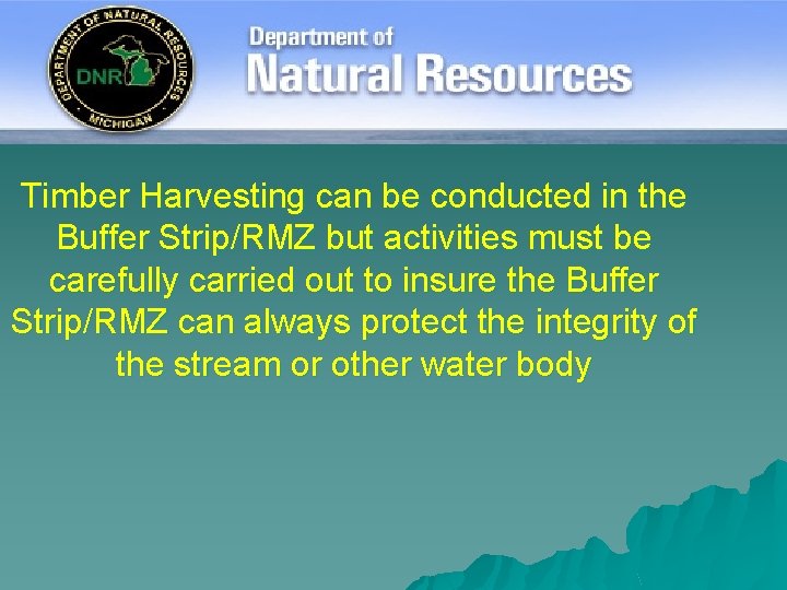 Timber Harvesting can be conducted in the Buffer Strip/RMZ but activities must be carefully