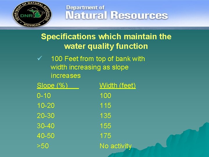 Specifications which maintain the water quality function ü 100 Feet from top of bank