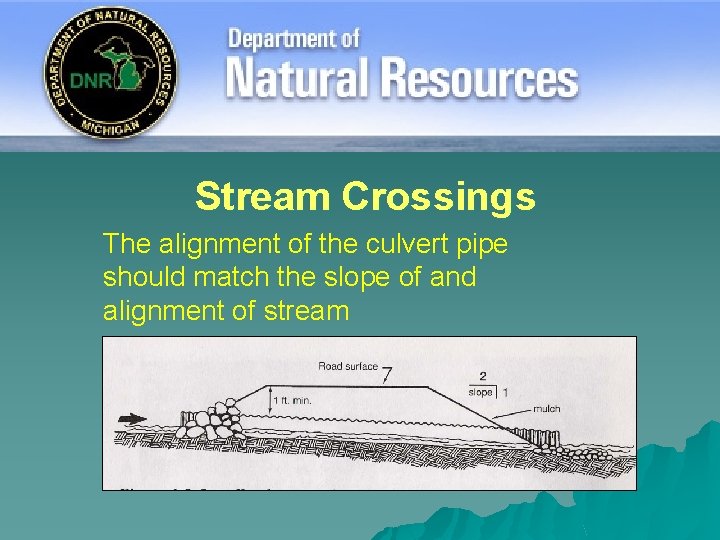 Stream Crossings The alignment of the culvert pipe should match the slope of and