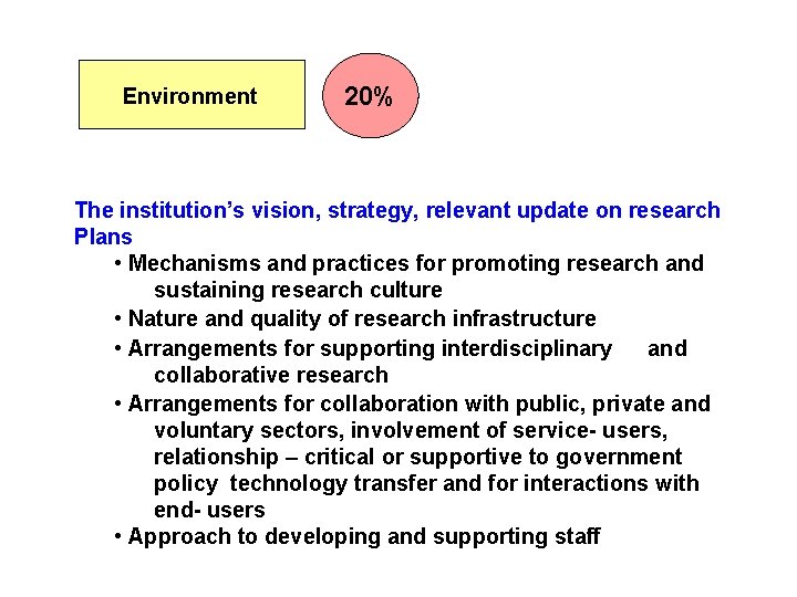 Environment 20% The institution’s vision, strategy, relevant update on research Plans • Mechanisms and