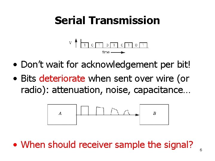Serial Transmission • Don’t wait for acknowledgement per bit! • Bits deteriorate when sent