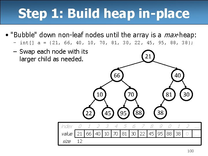 Step 1: Build heap in-place • "Bubble" down non-leaf nodes until the array is
