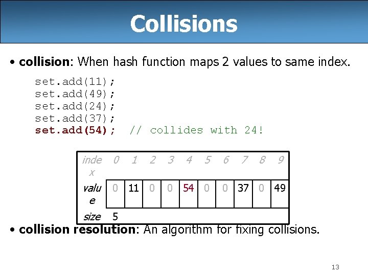 Collisions • collision: When hash function maps 2 values to same index. set. add(11);