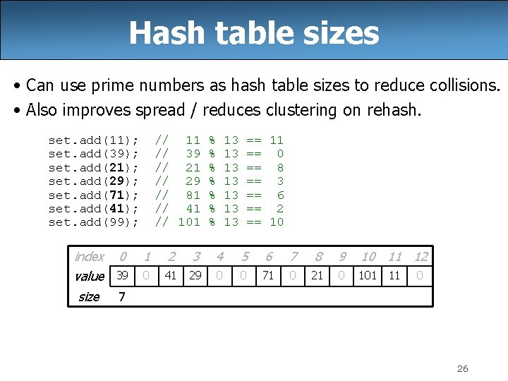 Hash table sizes • Can use prime numbers as hash table sizes to reduce