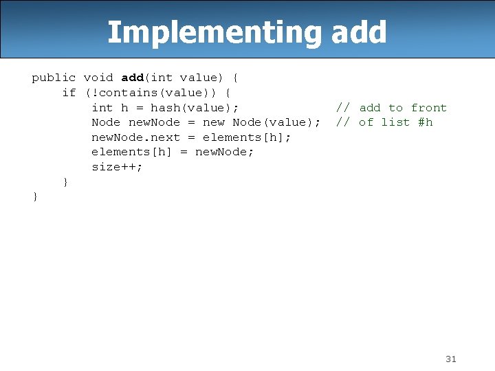 Implementing add public void add(int value) { if (!contains(value)) { int h = hash(value);