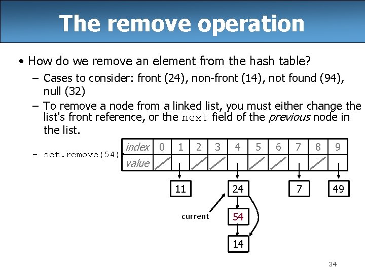 The remove operation • How do we remove an element from the hash table?