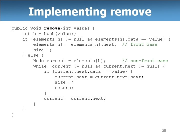 Implementing remove public void remove(int value) { int h = hash(value); if (elements[h] !=