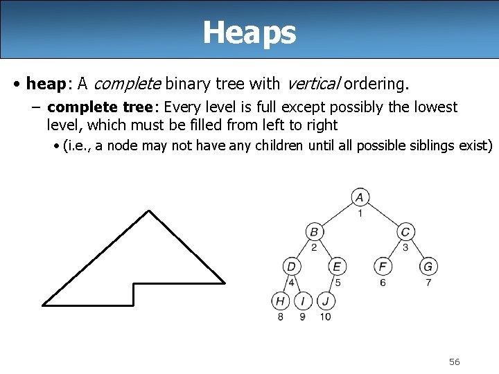 Heaps • heap: A complete binary tree with vertical ordering. – complete tree: Every