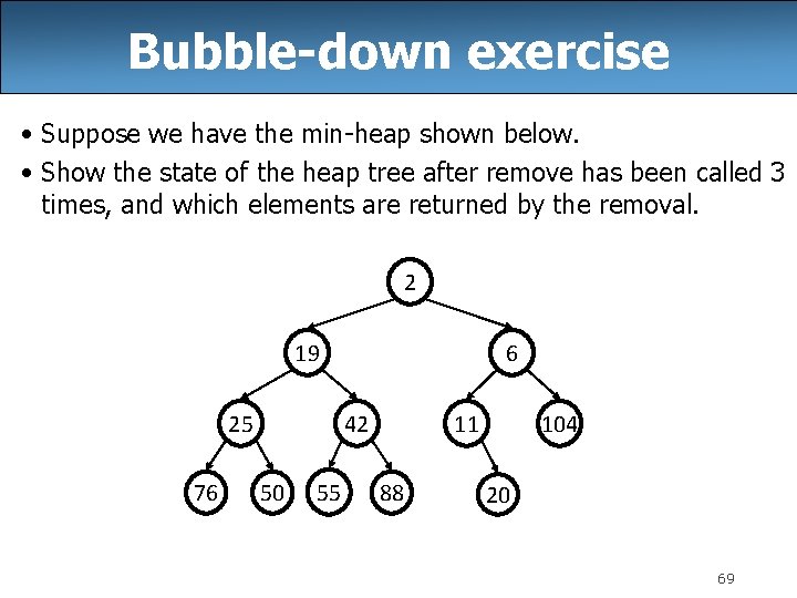 Bubble-down exercise • Suppose we have the min-heap shown below. • Show the state