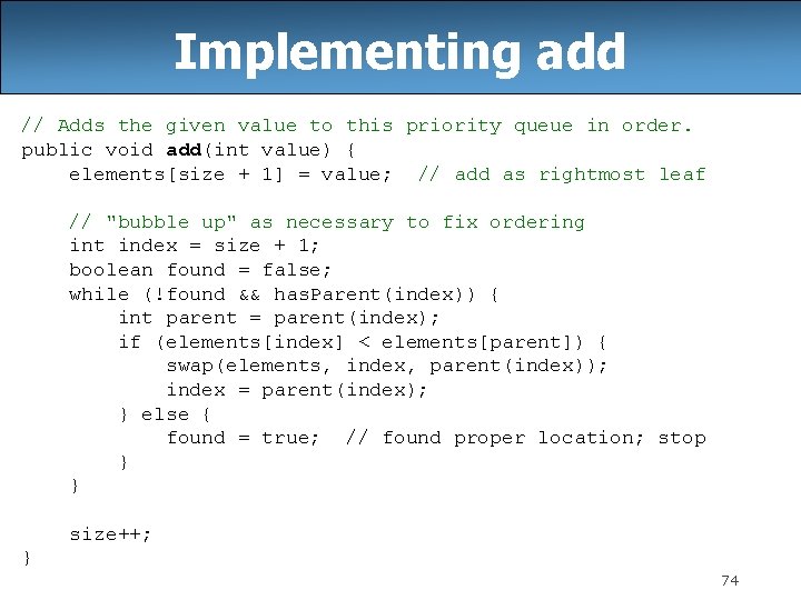 Implementing add // Adds the given value to this priority queue in order. public