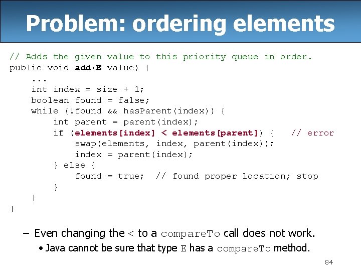 Problem: ordering elements // Adds the given value to this priority queue in order.