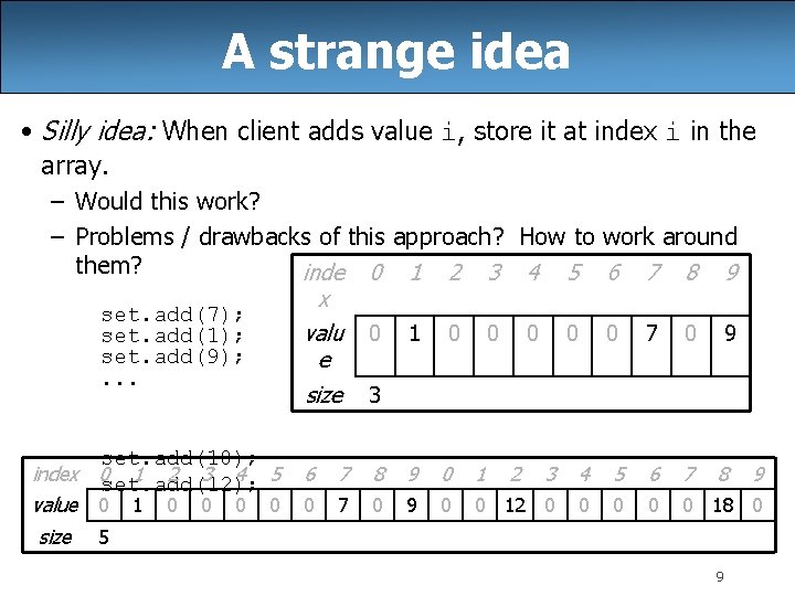 A strange idea • Silly idea: When client adds value i, store it at