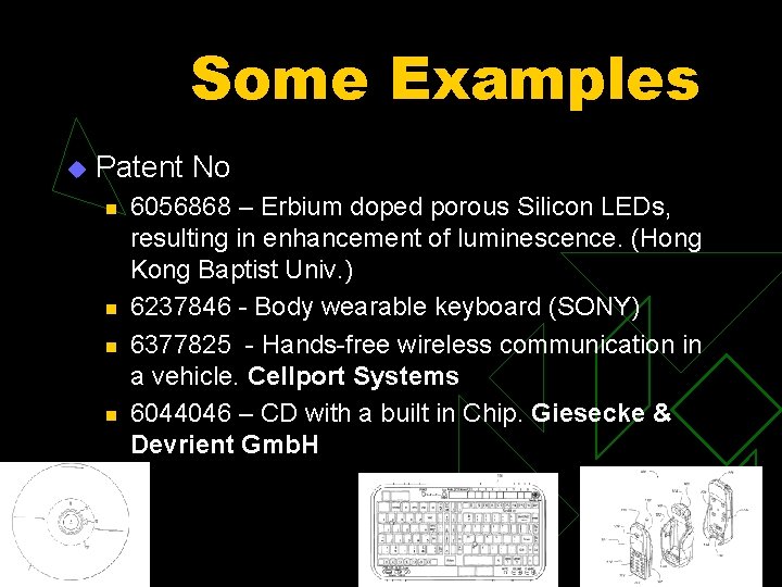 Some Examples u Patent No n n 6056868 – Erbium doped porous Silicon LEDs,