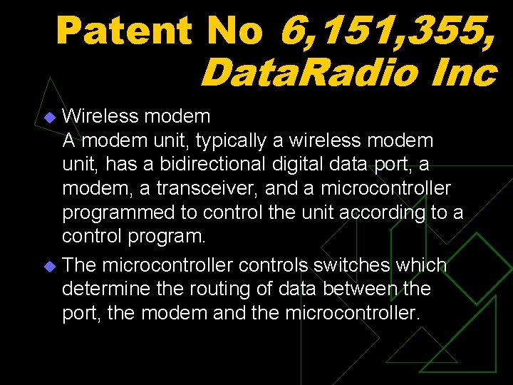 Patent No 6, 151, 355, Data. Radio Inc Wireless modem A modem unit, typically