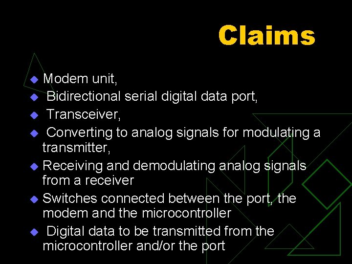 Claims Modem unit, u Bidirectional serial digital data port, u Transceiver, u Converting to