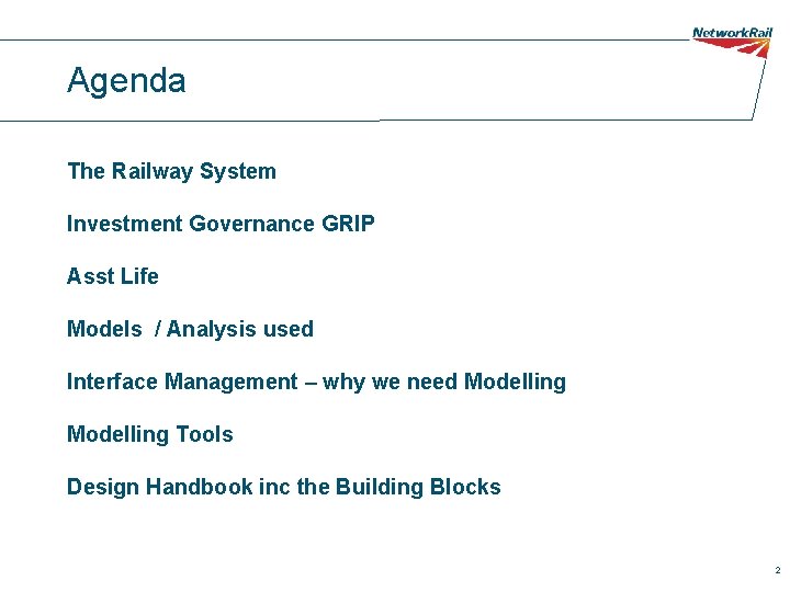 Agenda The Railway System Investment Governance GRIP Asst Life Models / Analysis used Interface
