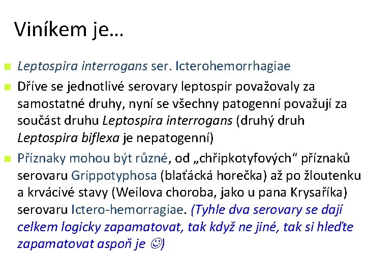 Viníkem je… n n n Leptospira interrogans ser. Icterohemorrhagiae Dříve se jednotlivé serovary leptospir