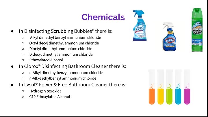 Chemicals In Disinfecting Scrubbing Bubbles® there is: Alkyl dimethyl benzyl ammonium fecting Bathroom Cleaner