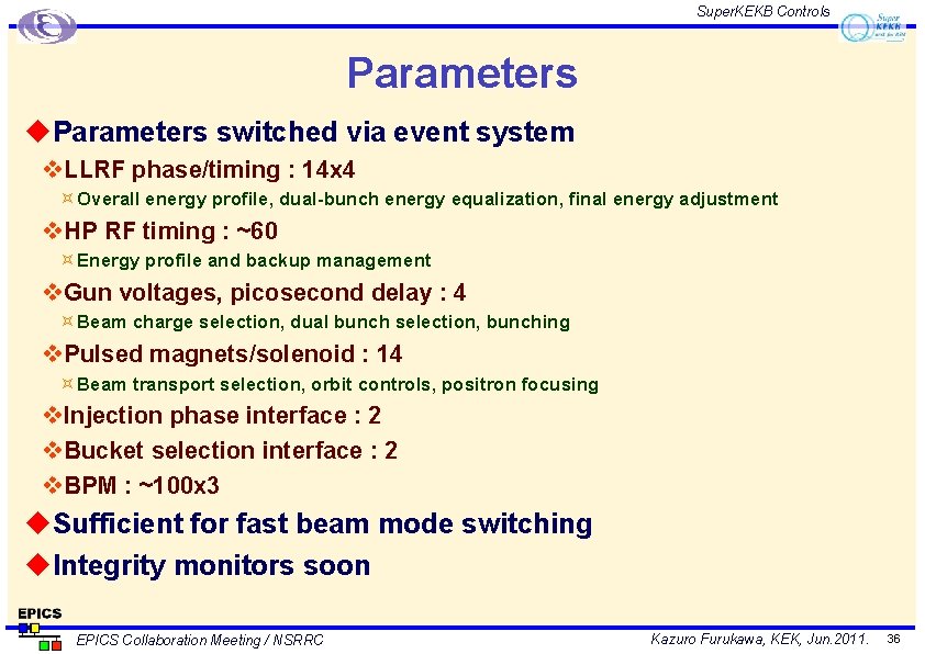 Super. KEKB Controls Parameters u. Parameters switched via event system v. LLRF phase/timing :
