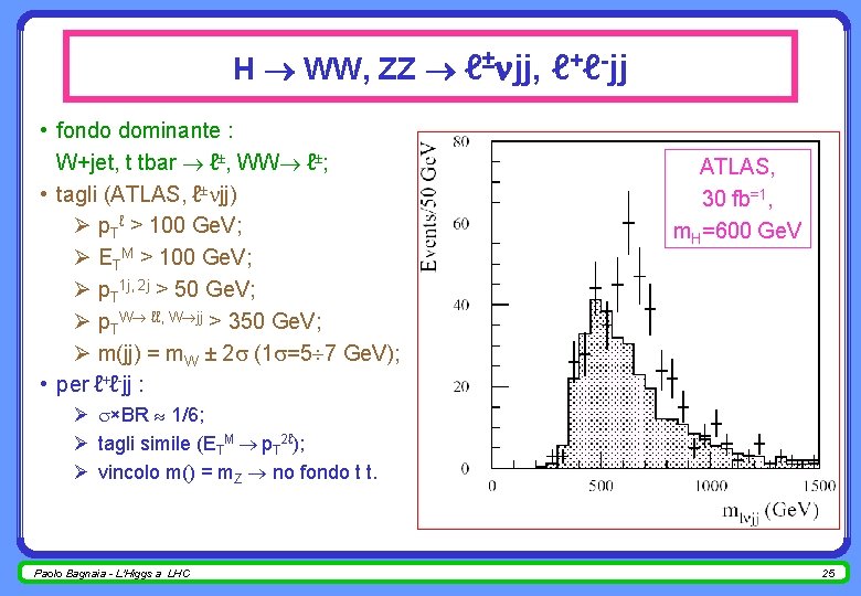 H WW, ZZ ℓ± jj, ℓ+ℓ-jj • fondo dominante : W+jet, t tbar ℓ±,
