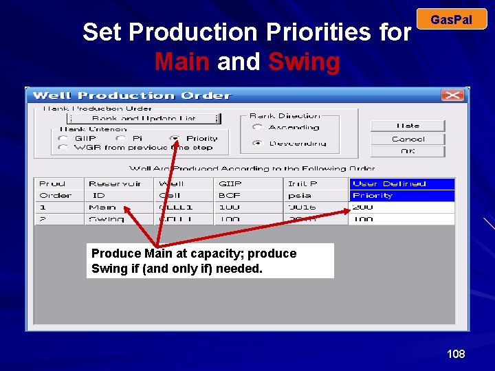 Set Production Priorities for Main and Swing Gas. Pal Produce Main at capacity; produce