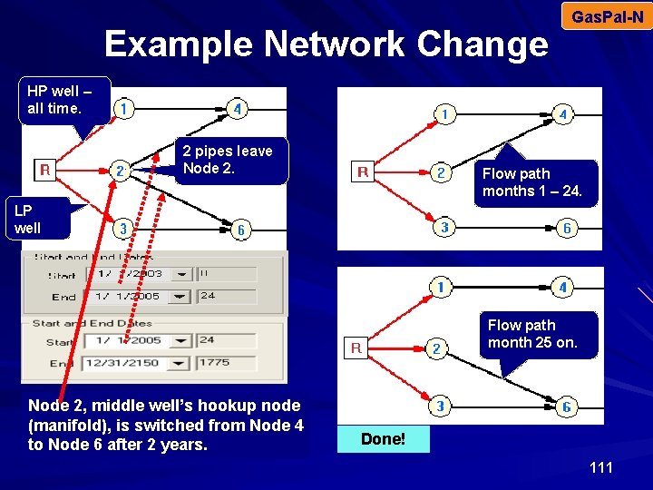 Example Network Change Gas. Pal-N HP well – all time. 2 pipes leave Node