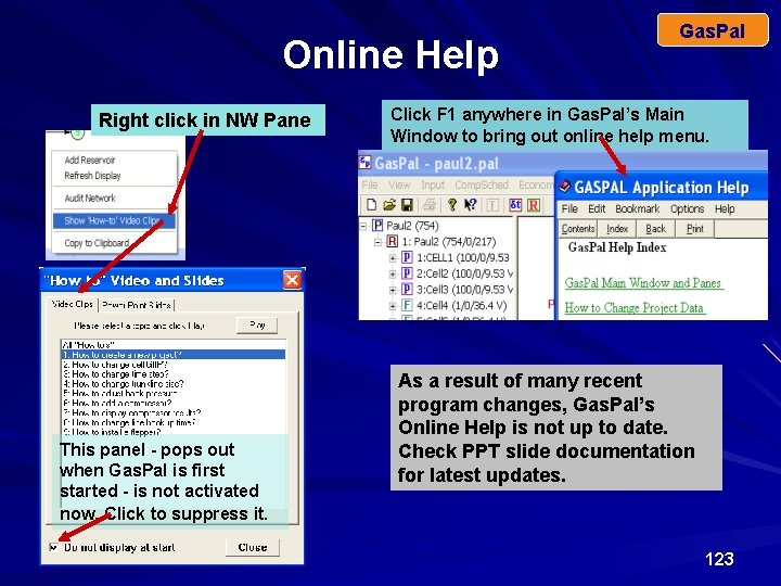 Online Help Right click in NW Pane This panel - pops out when Gas.