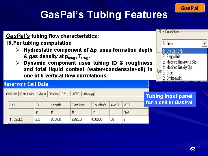 Gas. Pal’s Tubing Features Gas. Pal’s tubing flow characteristics: 16. For tubing computation Ø