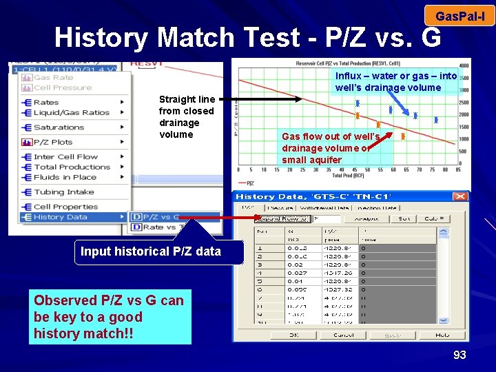 Gas. Pal-I History Match Test - P/Z vs. G Influx – water or gas