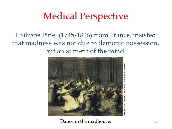 Medical Perspective Philippe Pinel (1745 -1826) from France, insisted that madness was not due