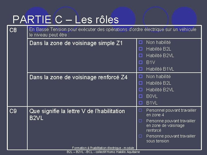 PARTIE C – Les rôles C 8 C 9 En Basse Tension pour exécuter