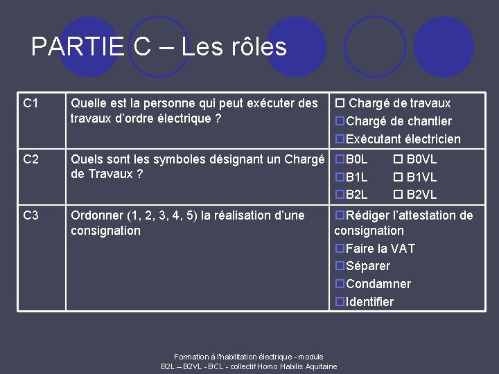PARTIE C – Les rôles C 1 Quelle est la personne qui peut exécuter