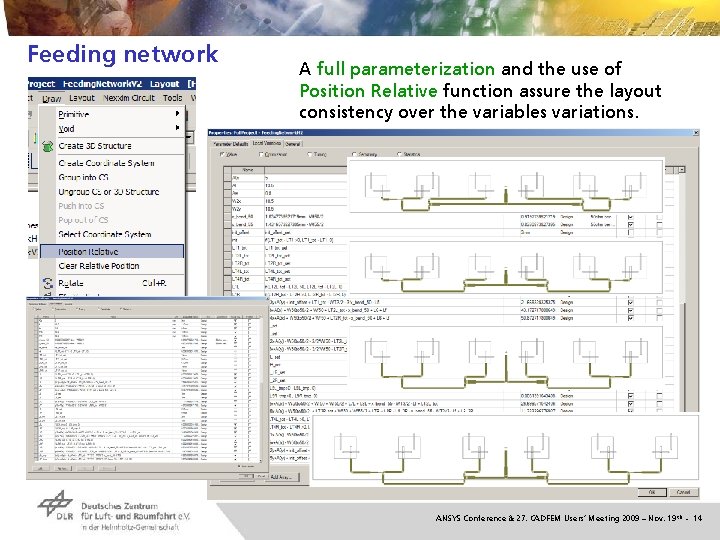 Feeding network A full parameterization and the use of Position Relative function assure the