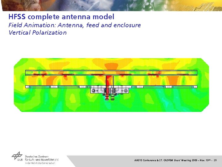 HFSS complete antenna model Field Animation: Antenna, feed and enclosure Vertical Polarization ANSYS Conference