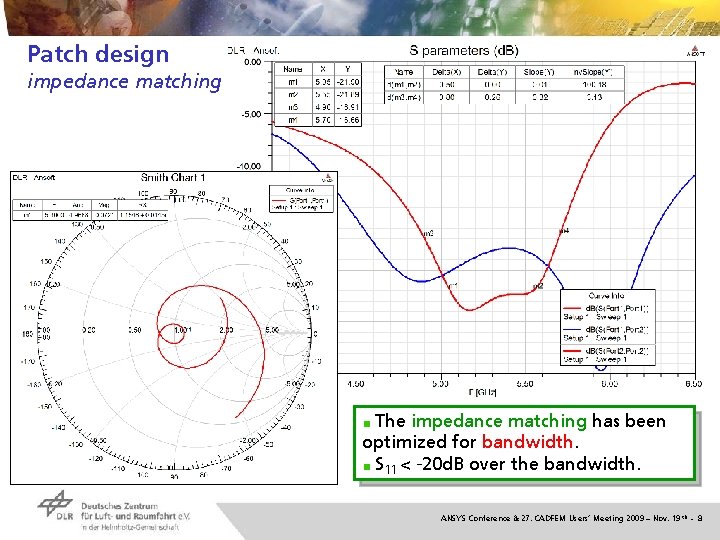 Patch design impedance matching The impedance matching has been optimized for bandwidth. S 11