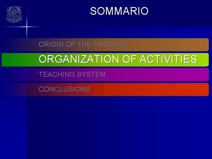 SOMMARIO ORIGIN OF THE PROBLEM ORGANIZATION OF ACTIVITIES TEACHING SYSTEM CONCLUSIONS 