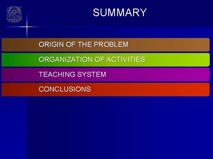 SUMMARY ORIGIN OF THE PROBLEM ORGANIZATION OF ACTIVITIES TEACHING SYSTEM CONCLUSIONS 