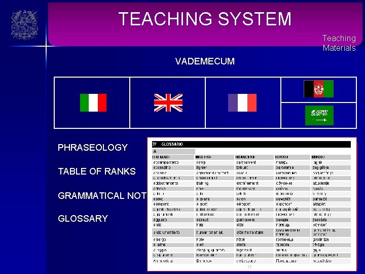 TEACHING SYSTEM Teaching Materials VADEMECUM PHRASEOLOGY TABLE OF RANKS GRAMMATICAL NOTES GLOSSARY 