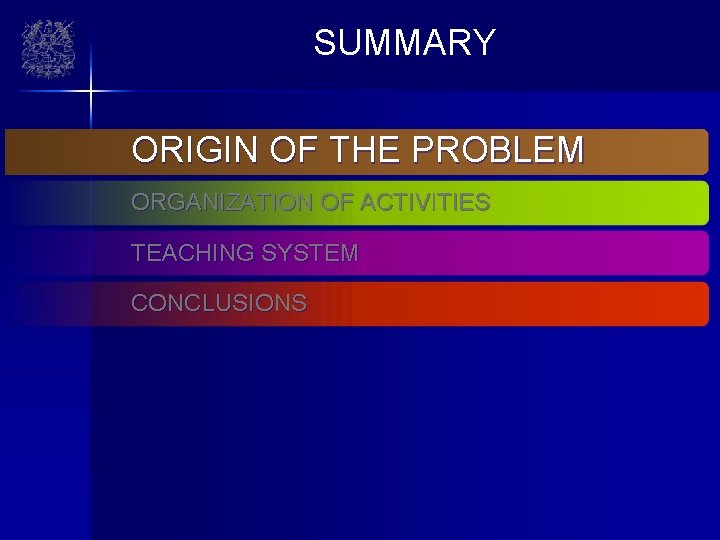 SUMMARY ORIGIN OF THE PROBLEM ORGANIZATION OF ACTIVITIES TEACHING SYSTEM CONCLUSIONS 