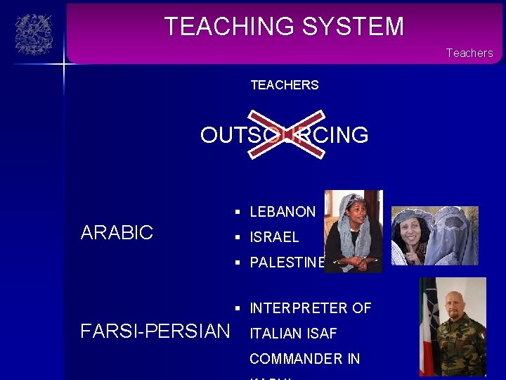 TEACHING SYSTEM Teachers TEACHERS OUTSOURCING § LEBANON ARABIC § ISRAEL § PALESTINE § INTERPRETER