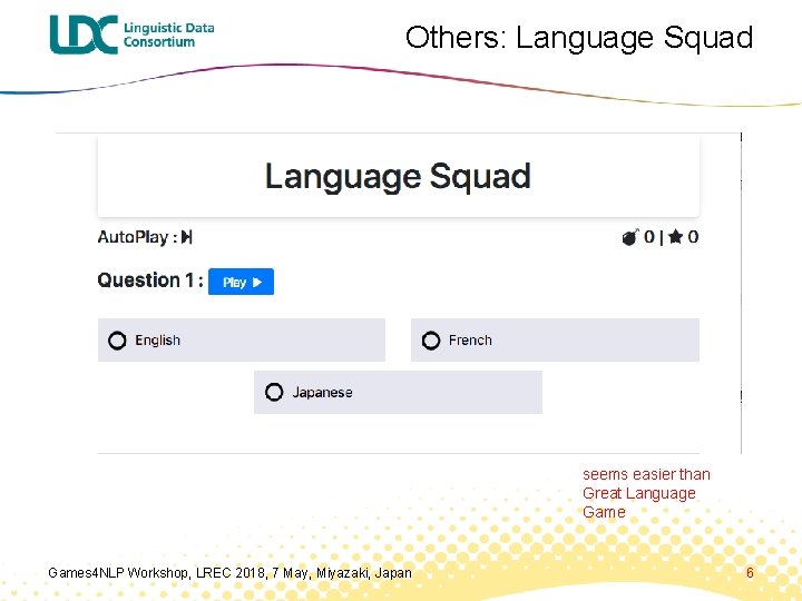 Others: Language Squad seems easier than Great Language Games 4 NLP Workshop, LREC 2018,