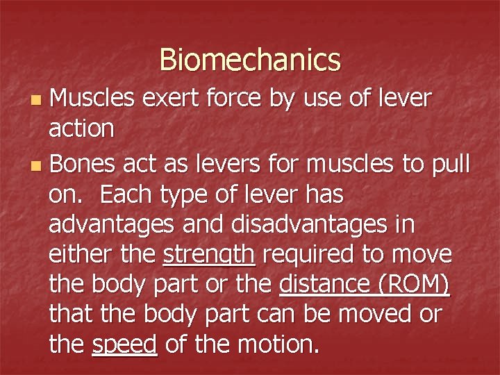 Biomechanics Muscles exert force by use of lever action n Bones act as levers