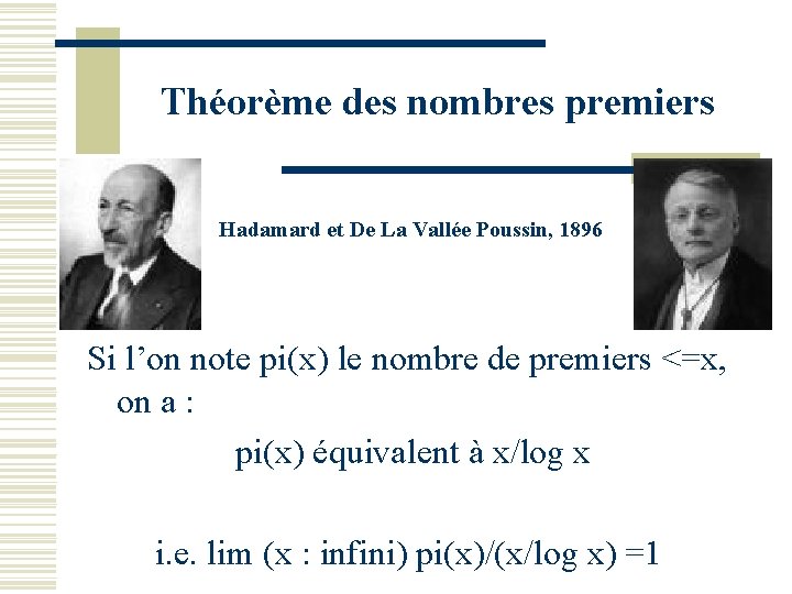Théorème des nombres premiers Hadamard et De La Vallée Poussin, 1896 Si l’on note