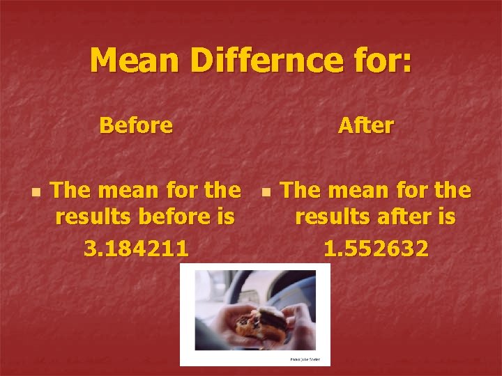 Mean Differnce for: Before n The mean for the results before is 3. 184211