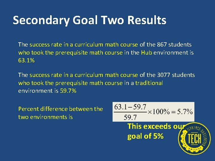 Secondary Goal Two Results The success rate in a curriculum math course of the