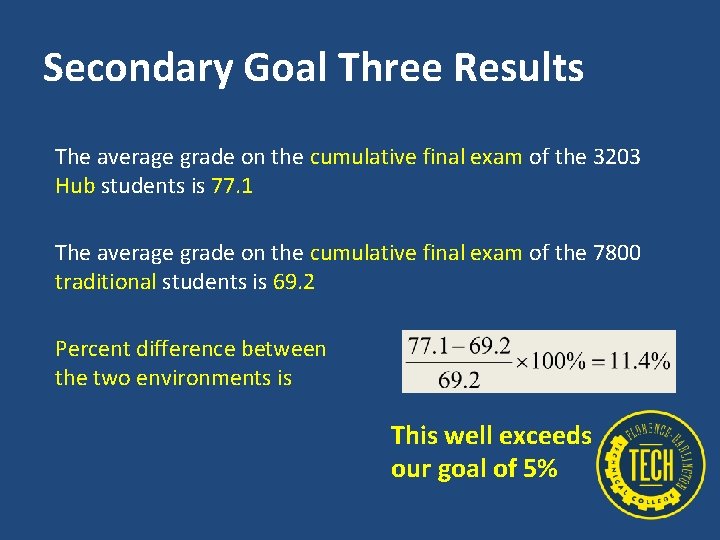 Secondary Goal Three Results The average grade on the cumulative final exam of the